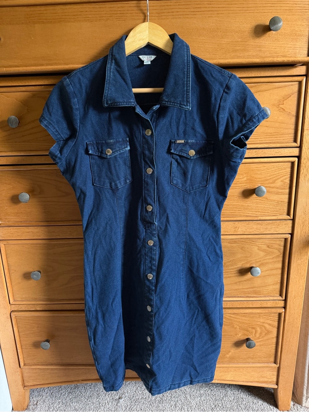 Guess Denim Dress Womens Size Large Dark Blue Wash Stretch Western Retro Urban